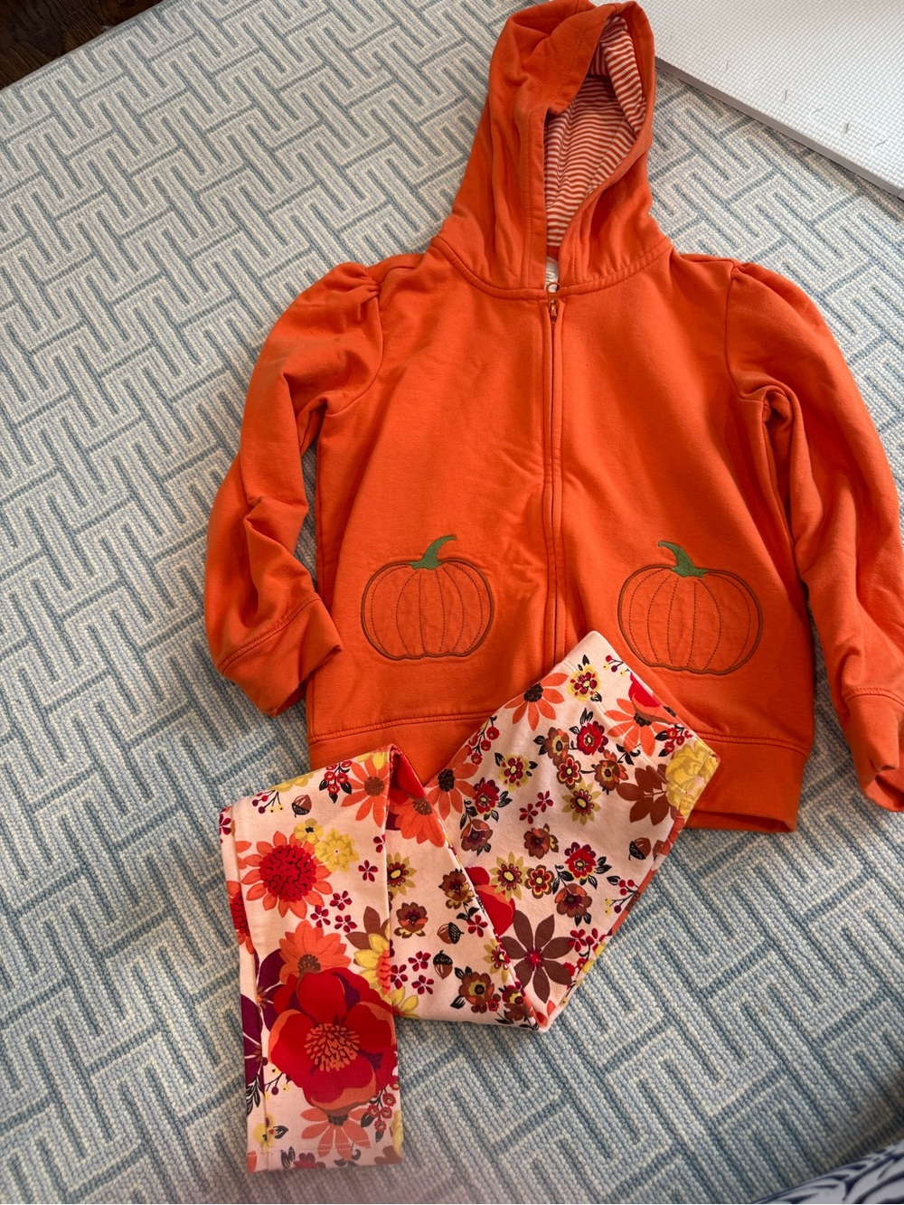 Gymboree Girls Orange Pumpkin Hoodie & Floral Leggings Set